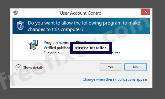 Screenshot where Trusted Installer appears as the verified publisher in the UAC dialog